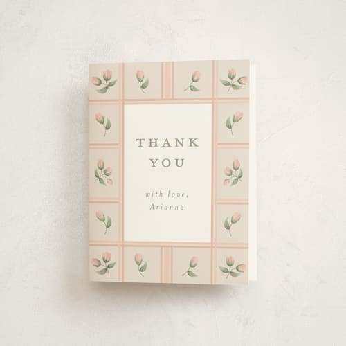 This is a blush baby shower thank you cards with standard by Jennifer Holbrook called rose quilt printing on strathmore in standard