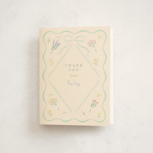 This is a seafoam baby shower thank you cards with standard by Jennifer Wick called petite corners printing on strathmore in standard