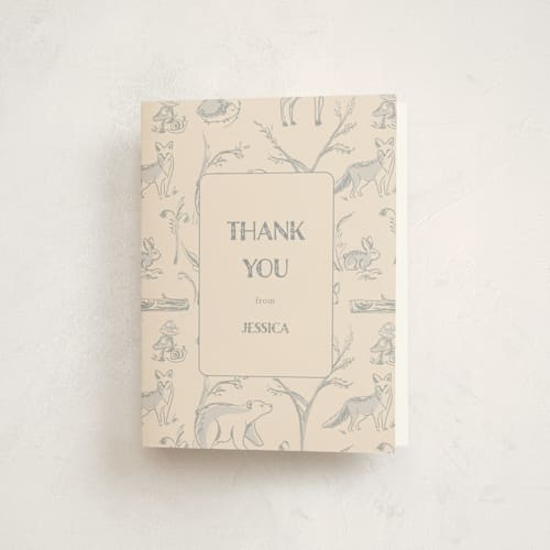 This is a bamboo baby shower thank you cards with standard by Teju Reval called forest toile printing on strathmore in standard
