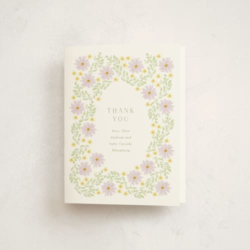 This is a daisy baby shower thank you cards with standard by Baumbirdy called blooming baby frame printing on strathmore in standard