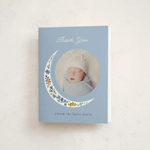 This is a moon flower baby shower thank you cards with standard by Alethea and Ruth called floral moon printing on strathmore in standard