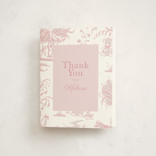 This is a blush baby shower thank you cards with standard by Teju Reval called baby toile printing on strathmore in standard