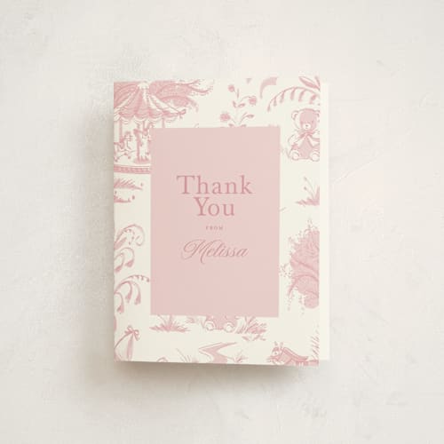 This is a blush baby shower thank you cards with standard by Teju Reval called baby toile printing on strathmore in standard