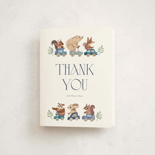 This is a navy baby shower thank you cards with standard by Vivian Yiwing called woodland cars printing on strathmore in standard