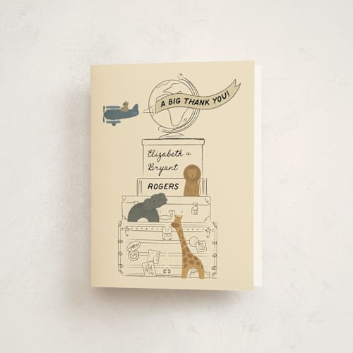 This is a butter baby shower thank you cards with standard by Jenna Holcomb called little explorer printing on strathmore in standard