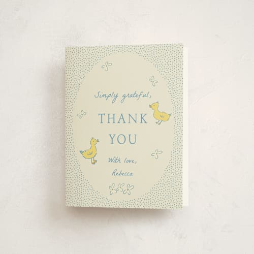 This is a robin’s egg baby shower thank you cards with standard by Sarah Rosenthal called sweet peeps printing on strathmore in standard