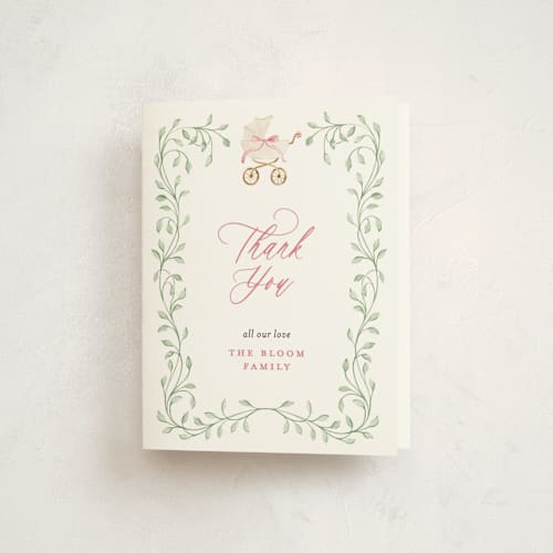 This is a peony baby shower thank you cards with standard by Sarah Knight called graceful printing on strathmore in standard