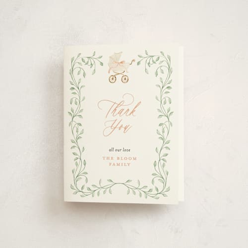 This is a peaches baby shower thank you cards with standard by Sarah Knight called graceful printing on strathmore in standard