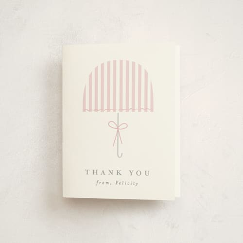 This is a rose baby shower thank you cards with standard by Angela Thompson called bow brolly printing on strathmore in standard