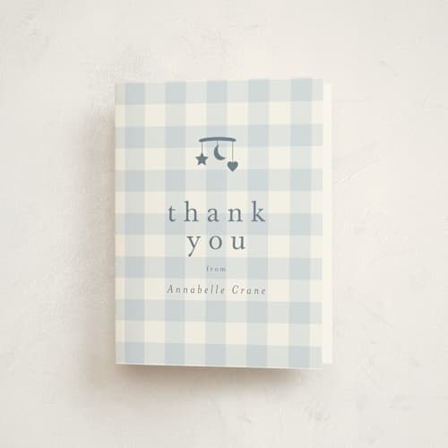 This is a baby blue baby shower thank you cards with standard by Stacey Meacham called gingham mobile printing on strathmore in standard