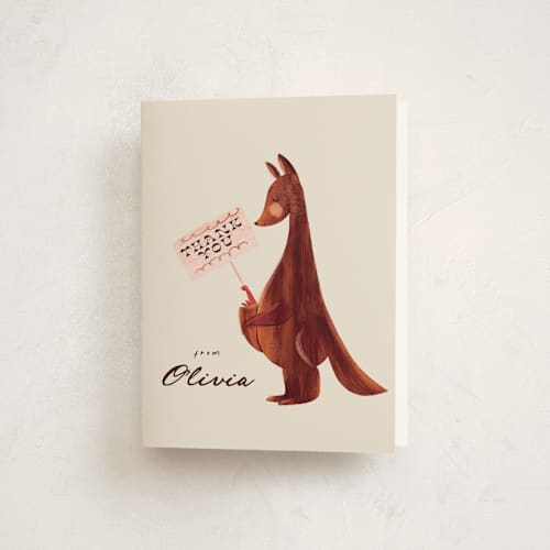 This is a cream baby shower thank you cards with standard by Gwen Bedat called kangaroo pop printing on strathmore in standard