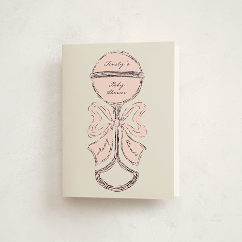 This is a rose baby shower thank you cards with standard by Gwen Bedat called antique rattle printing on strathmore in standard