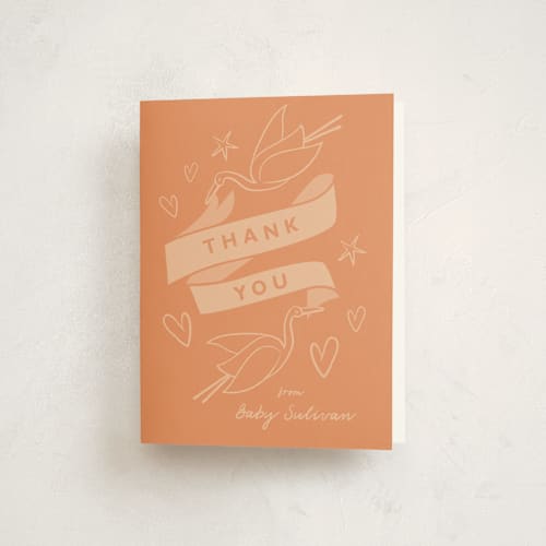 This is a tangerine baby shower thank you cards with standard by Zani van Zyl called stork party printing on strathmore in standard