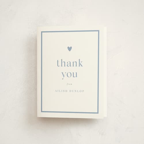 This is a provincial blue baby shower thank you cards with standard by Stacey Meacham called heartbeat printing on strathmore in standard