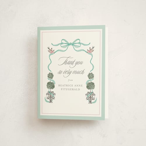 This is a aquamarine baby shower thank you cards with standard by Jackie Crawford called tiny topiary printing on strathmore in standard