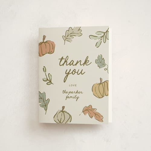 This is a natural baby shower thank you cards with standard by Kelly Watkins called vintage autumn printing on strathmore in standard