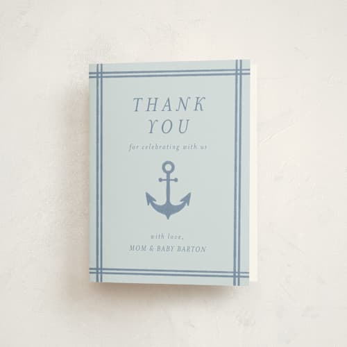 This is a sea baby shower thank you cards with standard by Brynne Foster called ahoy printing on strathmore in standard