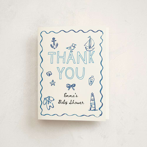 This is a denim baby shower thank you cards with standard by Cass Loh called nautical doodles printing on strathmore in standard