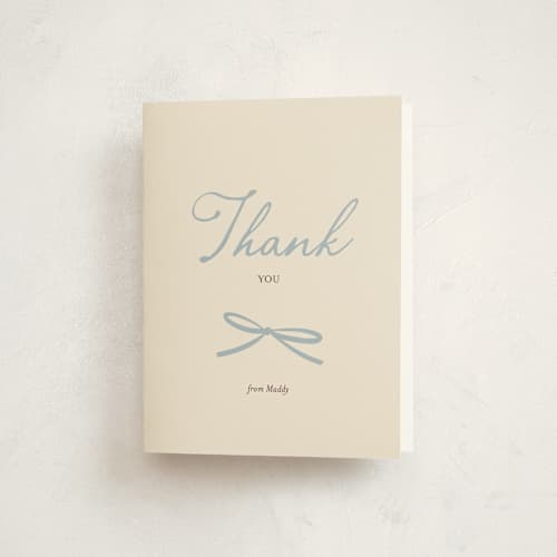 This is a denim baby shower thank you cards with standard by Ani Somi called baby bow printing on strathmore in standard