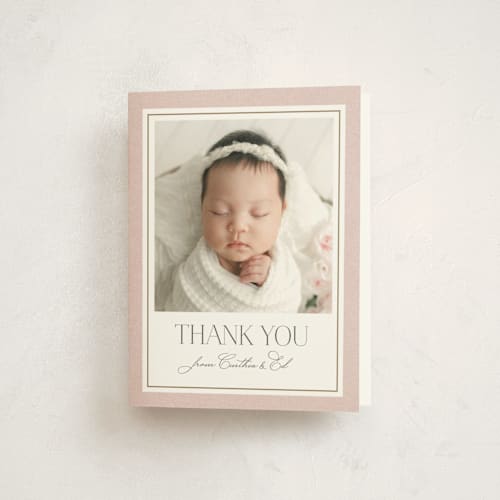This is a rose baby shower thank you cards with standard by Lucrecia Caporale called the little heirloom printing on strathmore in standard