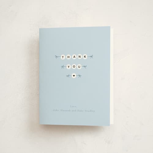 This is a aqua baby shower thank you cards with standard by Baumbirdy called mom era printing on strathmore in standard