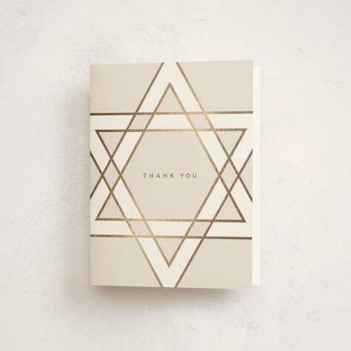 This is a cream bar mitzvah bat mitzvah invitations with foil pressed by Stacy Maalouf called square star of david printing on strathmore in standard