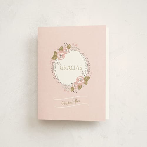 This is a blush kids thank you cards with standard by Ana Sharpe called delicate quince printing on strathmore in standard