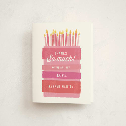 This is a bubblegum kids thank you cards with standard by Karidy Walker called birthday bash cake printing on strathmore in standard