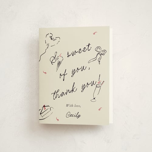 This is a licorice kids thank you cards with standard by Sarah Rosenthal called sweets & treats printing on strathmore in standard