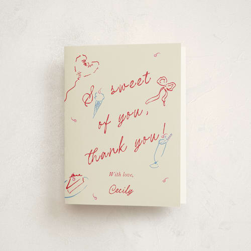 This is a cherry kids thank you cards with standard by Sarah Rosenthal called sweets & treats printing on strathmore in standard