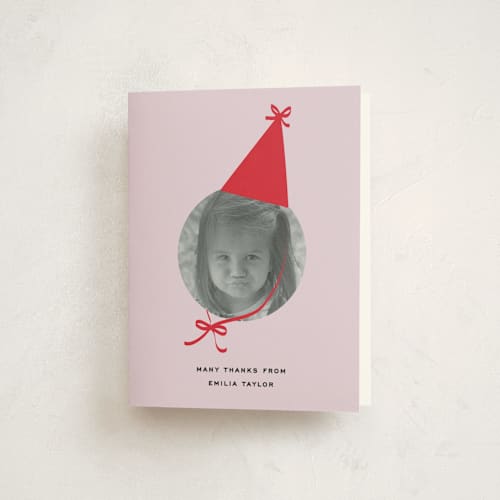 This is a ruby kids thank you cards with standard by Jennifer Lew called birthday hat printing on strathmore in standard