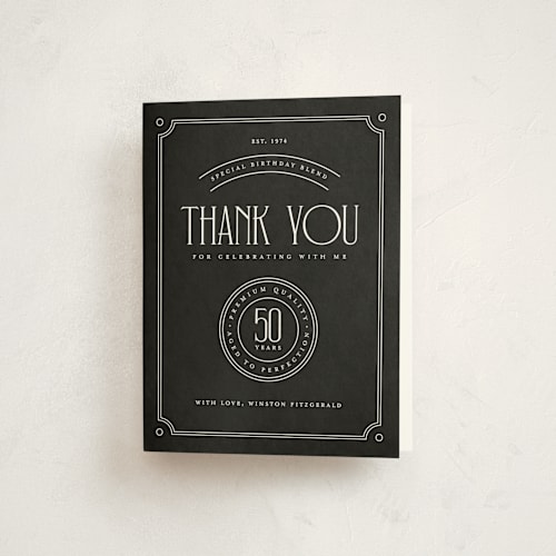 This is a charcoal thank you cards with standard by Heather Schertzer called aged to perfection printing on strathmore in standard
