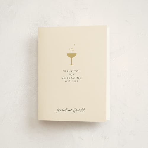 This is a champagne thank you cards with standard by mo kelley called a little shindig printing on strathmore in standard