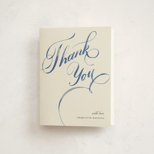 This is a navy thank you cards with standard by Shannon Chen of Four Wet Feet Studio called watercolor lettering printing on strathmore in standard
