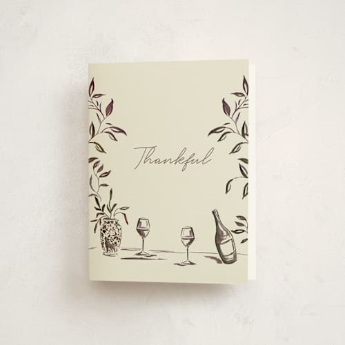 This is a cream thank you cards with standard by West Foglia called vine, wine, and dine printing on strathmore in standard