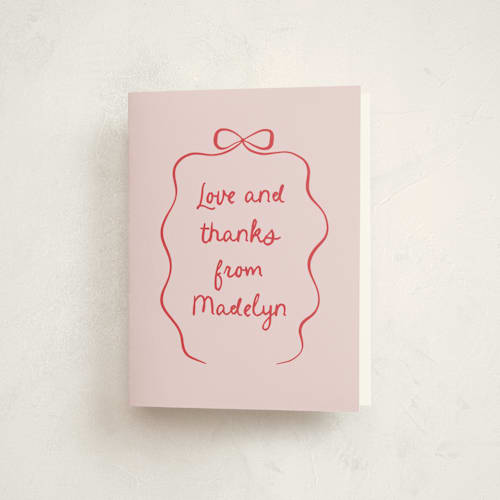 This is a raspberry thank you cards with standard by Randi Cirelli called birthday bow printing on strathmore in standard