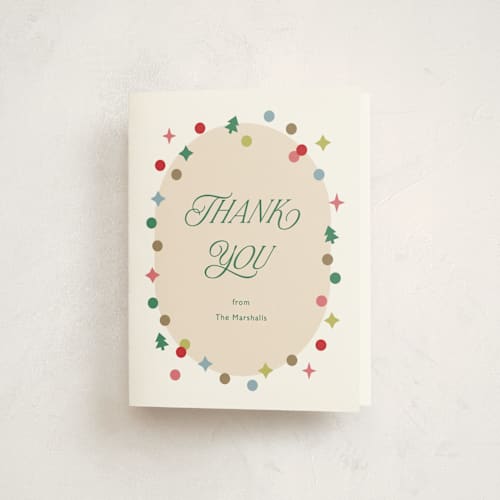 This is a rainbow thank you cards with standard by Carolyn MacLaren called holiday confetti printing on strathmore in standard