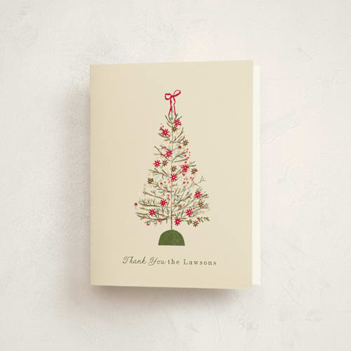 This is a cream thank you cards with standard by Baumbirdy called holiday tree party printing on strathmore in standard
