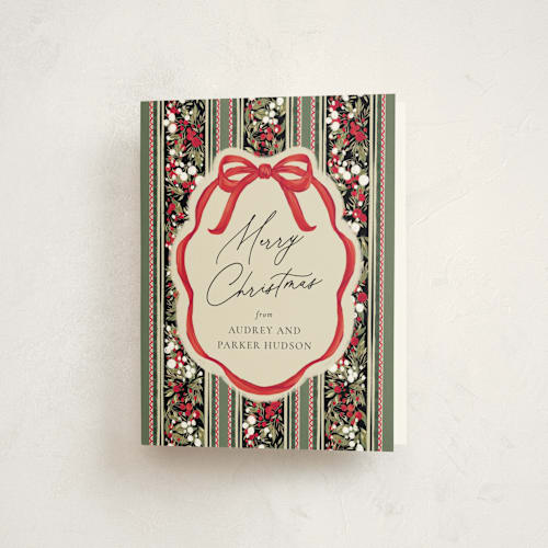 This is a ruby thank you cards with standard by Jackie Crawford called holiday ribbon printing on strathmore in standard