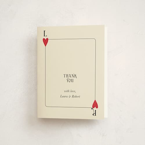 This is a champagne thank you cards with standard by Helena Vitto called red hearts printing on strathmore in standard