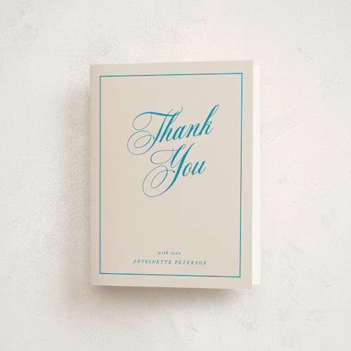This is a antique sky thank you cards with standard by Kamala Nahas called calligraphy printing on strathmore in standard