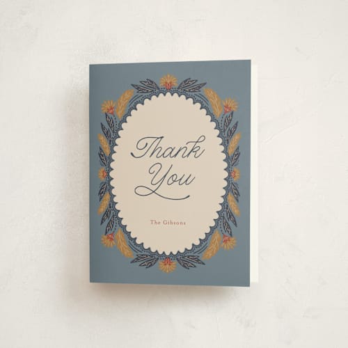 This is a slate gray thank you cards with standard by Cindy Reynolds called autumn harvest printing on strathmore in standard