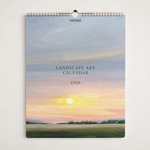 This is a white photo calendars by Minted called landscape art calendar 2026 printing on premium calendar paper in grand