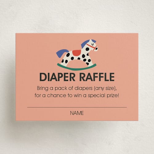 This is a peach baby shower insert cards with standard by Harriet Richter called rocking baby shower printing on signature in standard