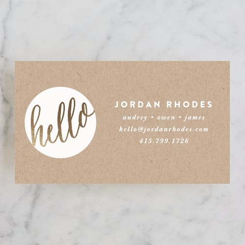 This is a gold business cards by A.C.R. called hello new friend printing on signature in standard