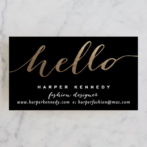 This is a midnight business cards by Hooray Creative called chic black and gold printing on signature in standard
