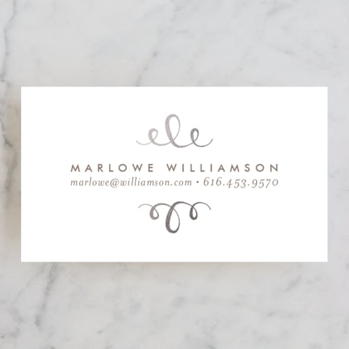 This is a silver business cards by Phrosné Barwood called the most simple printing on signature in standard