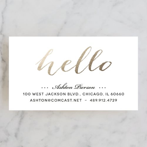 This is a gold business cards by Erin Deegan called hello friend printing on signature in standard
