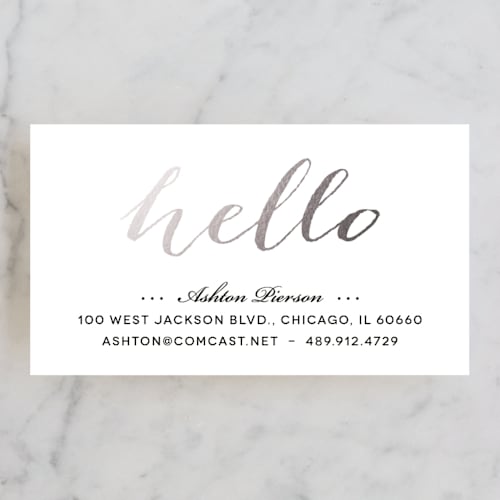 This is a silver business cards by Erin Deegan called hello friend printing on signature in standard