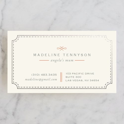 This is a coral business cards by chocomocacino called mina beleza printing on signature in standard